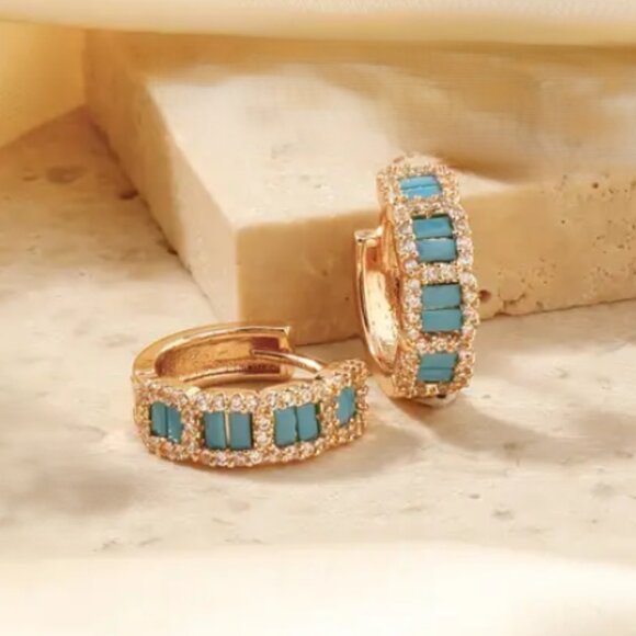 14K Gold Womens 2ct Blue Turquoise Gemstone 1ct Diamond Small Hoop Earrings NEW